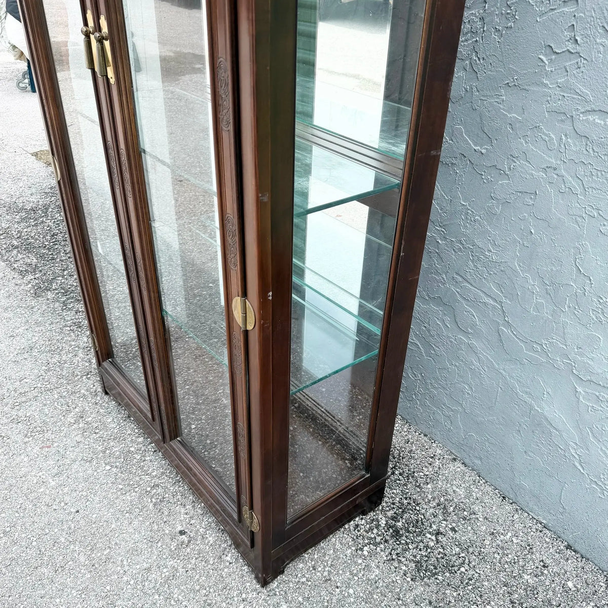 Vintage Campaign-Style Wood and Brass Lighted Curio Display Cabinet Dolphin & Flamingo