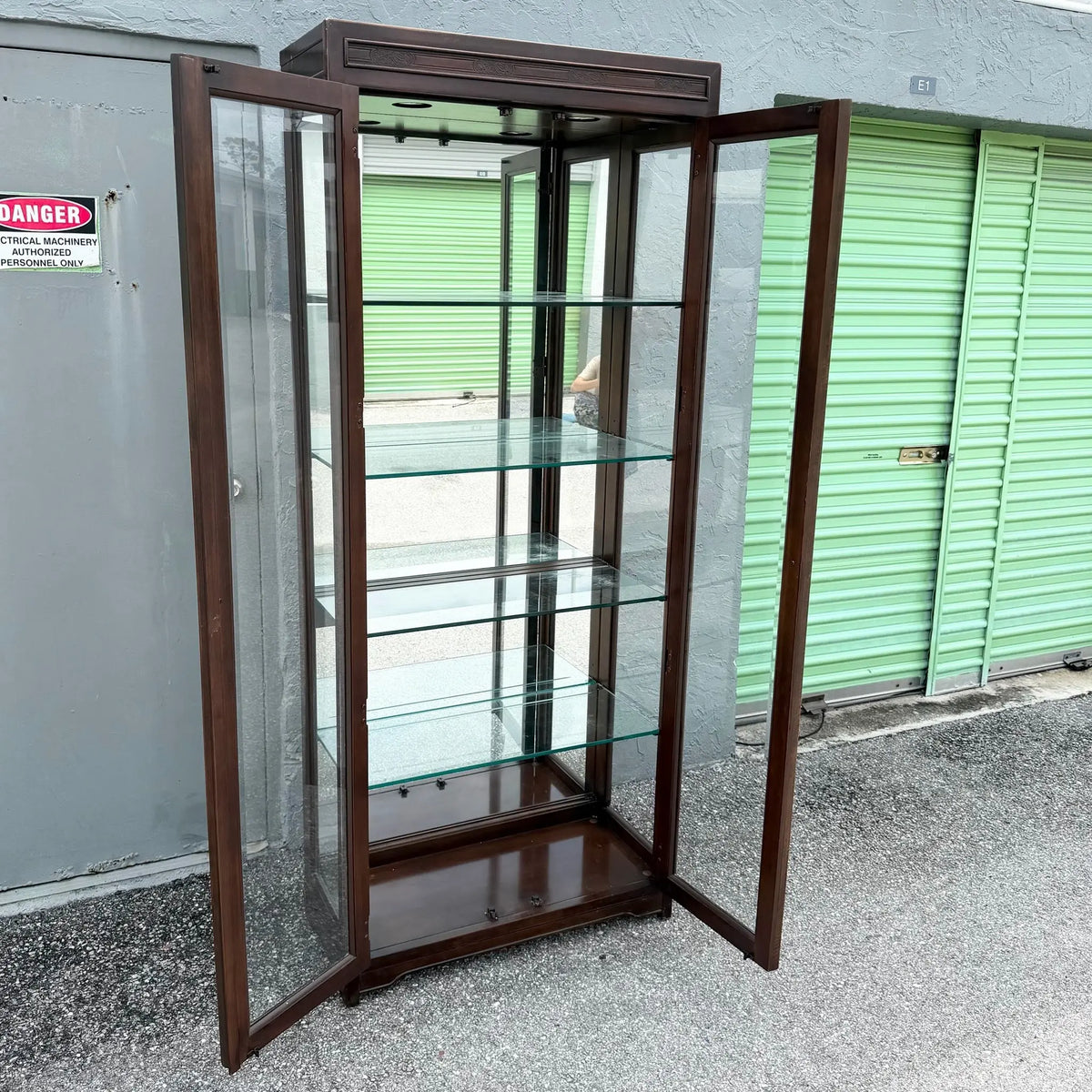 Vintage Campaign-Style Wood and Brass Lighted Curio Display Cabinet Dolphin & Flamingo
