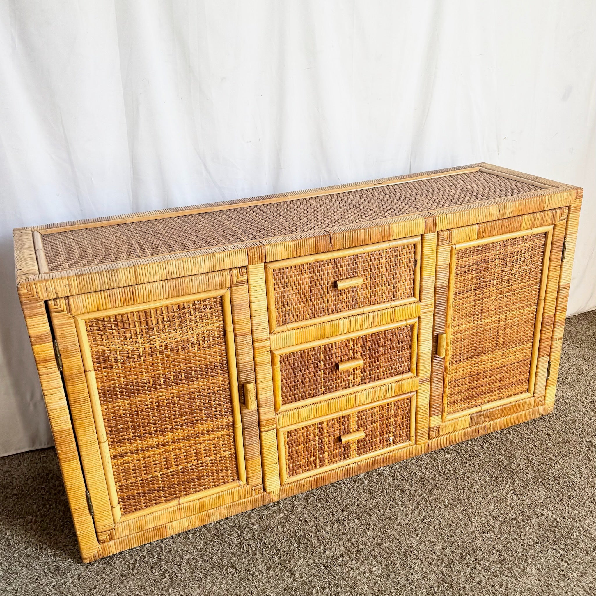 Vintage Boho Chic Wicker Wrapped Credenza