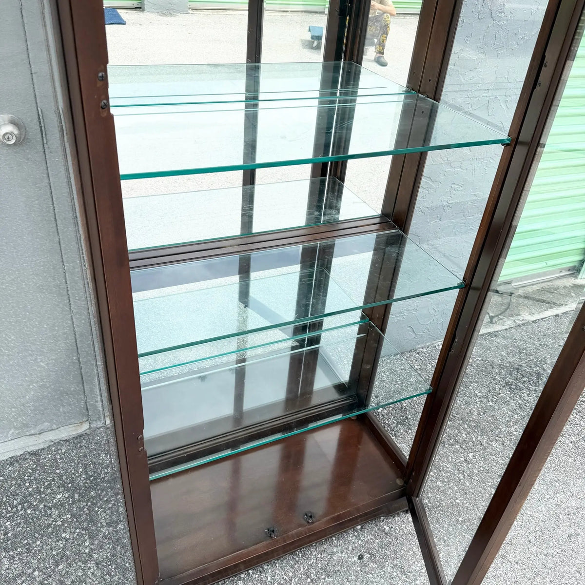 Vintage Campaign-Style Wood and Brass Lighted Curio Display Cabinet Dolphin & Flamingo