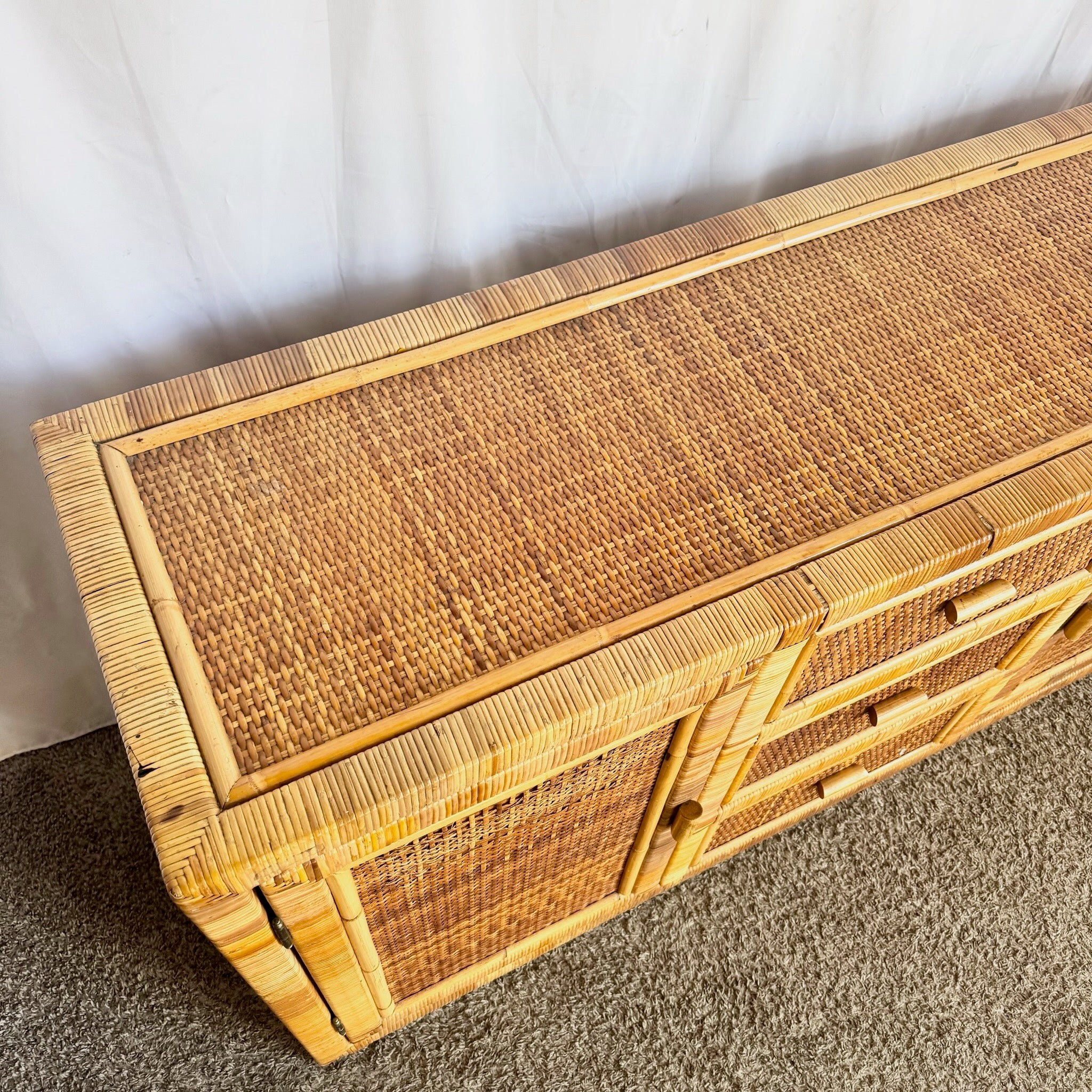 Vintage Boho Chic Wicker Wrapped Credenza