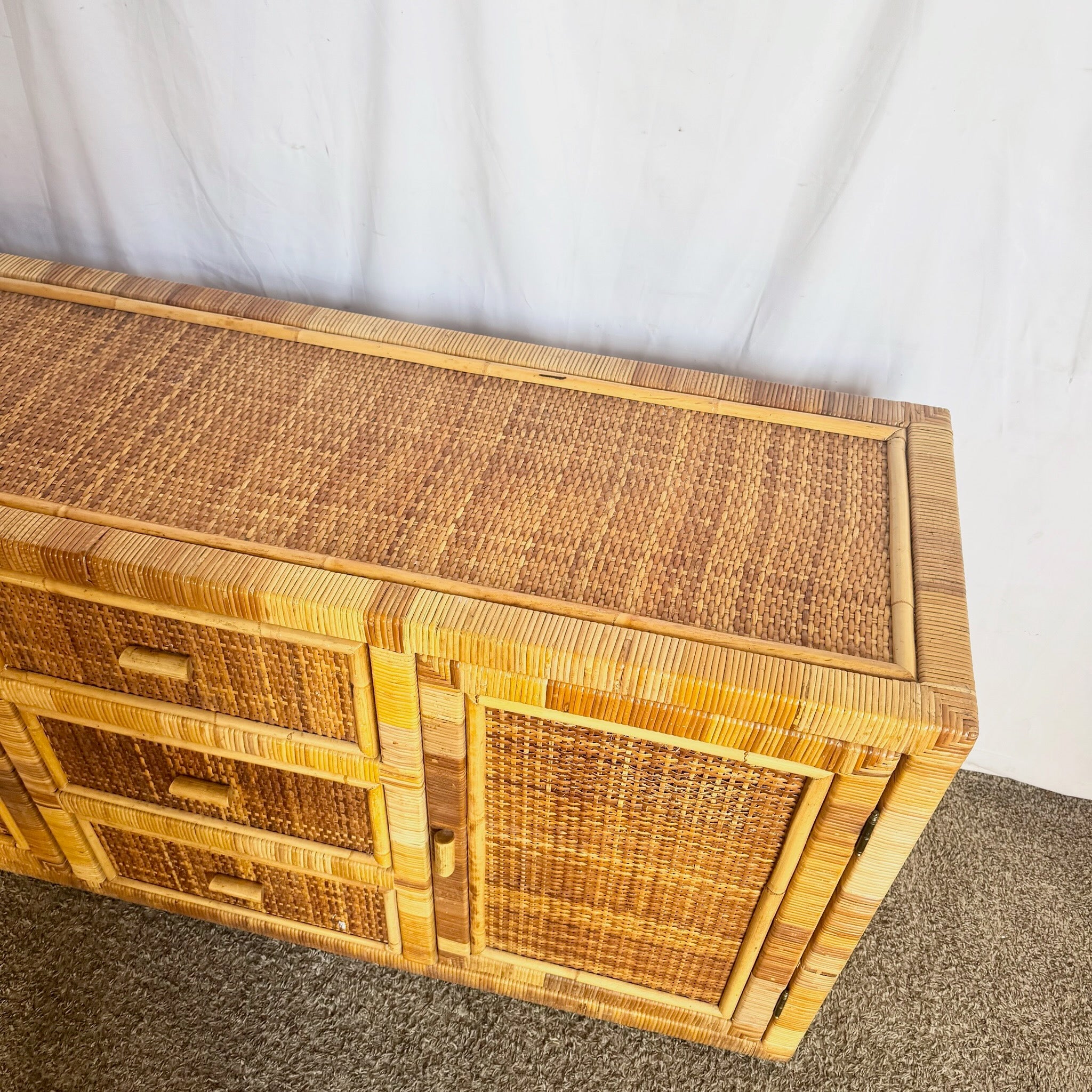 Vintage Boho Chic Wicker Wrapped Credenza