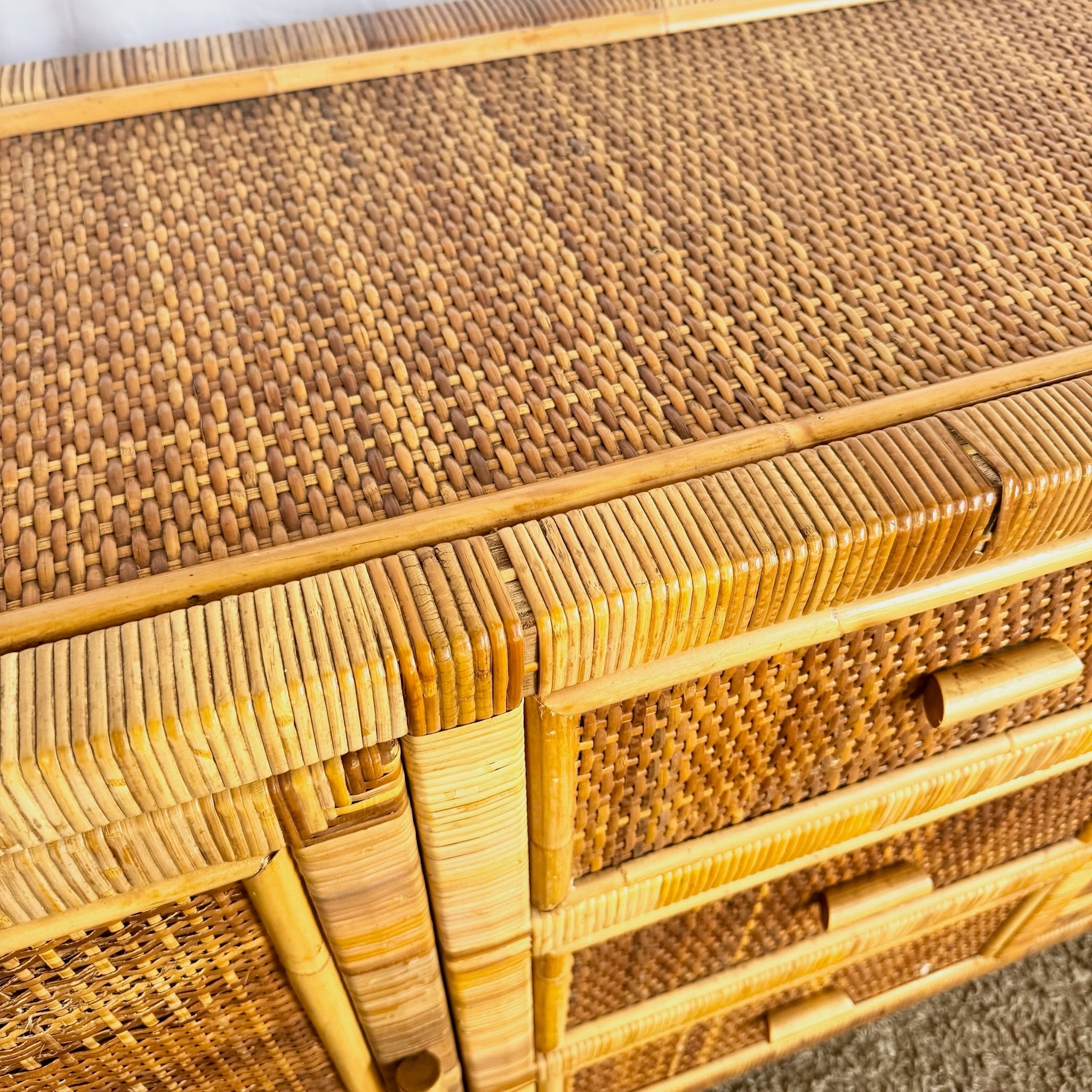 Vintage Boho Chic Wicker Wrapped Credenza