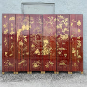 Chinese Six-Panel Red and Gold Lacquered Folding Screen Room Divider Dolphin & Flamingo