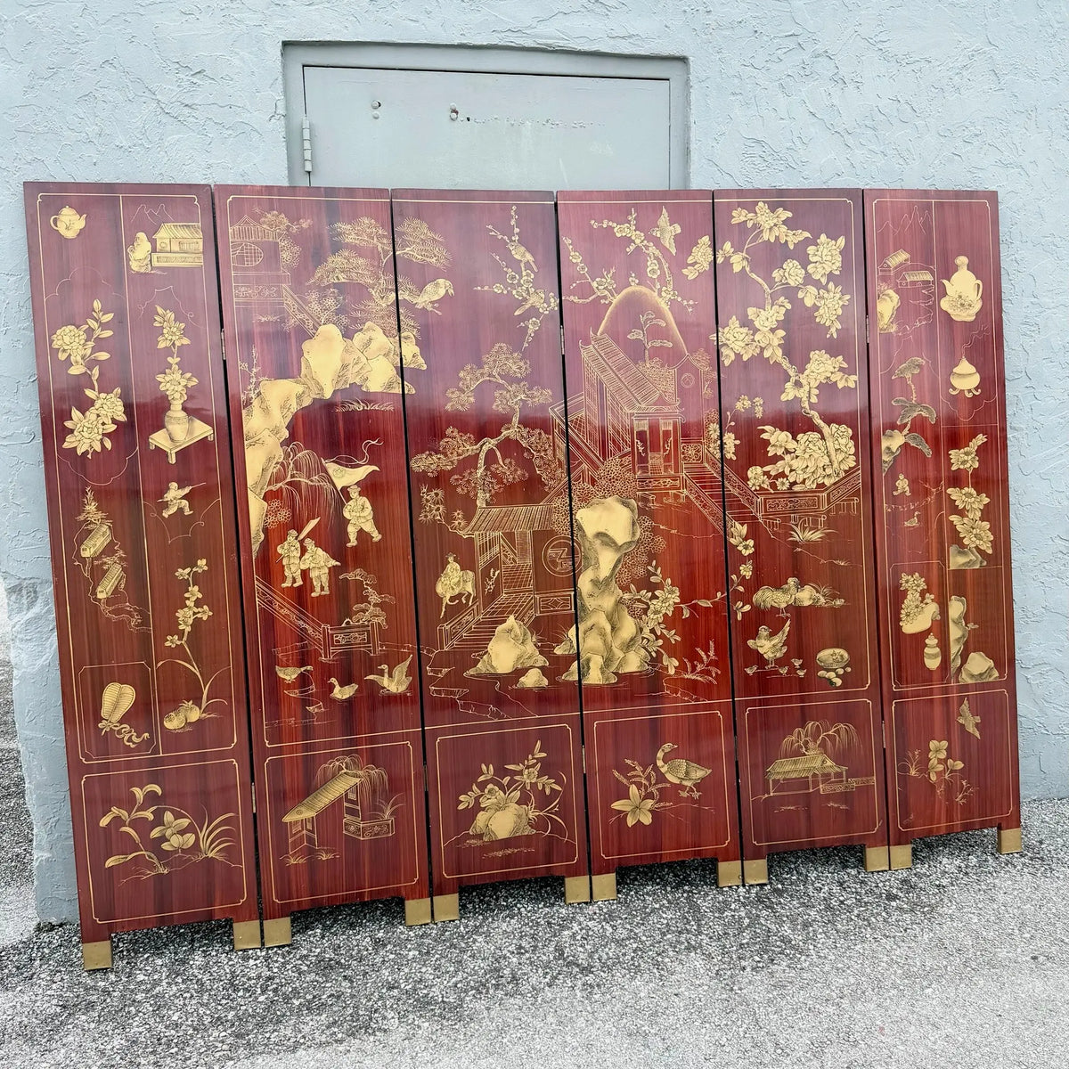 Chinese Six-Panel Red and Gold Lacquered Folding Screen Room Divider Dolphin & Flamingo