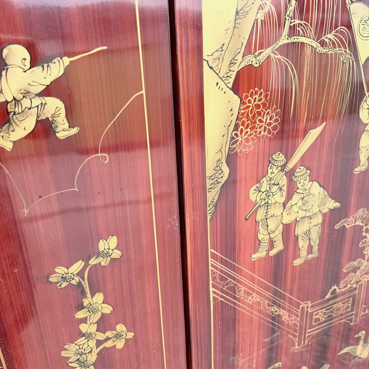 Chinese Six-Panel Red and Gold Lacquered Folding Screen Room Divider Dolphin & Flamingo