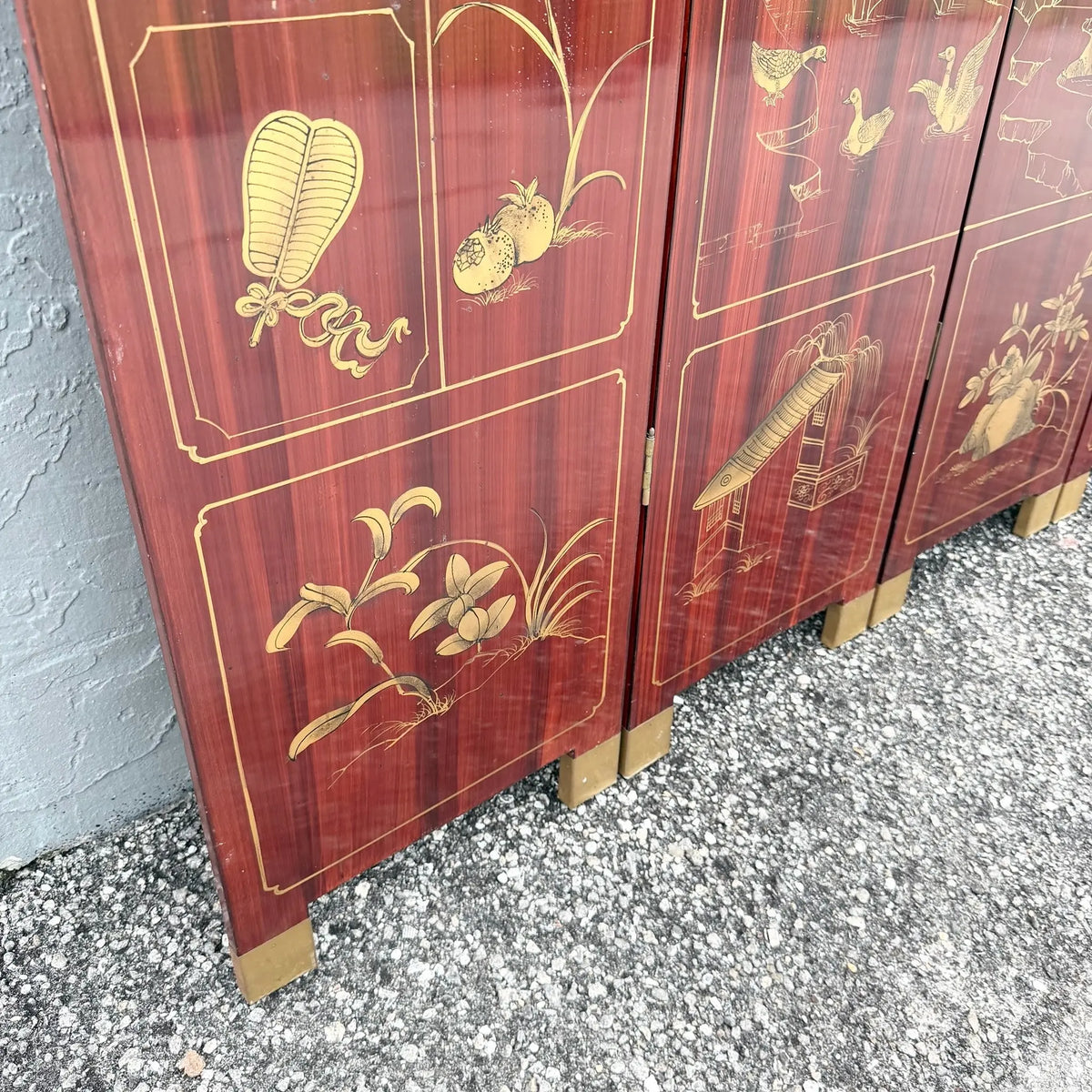 Chinese Six-Panel Red and Gold Lacquered Folding Screen Room Divider Dolphin & Flamingo