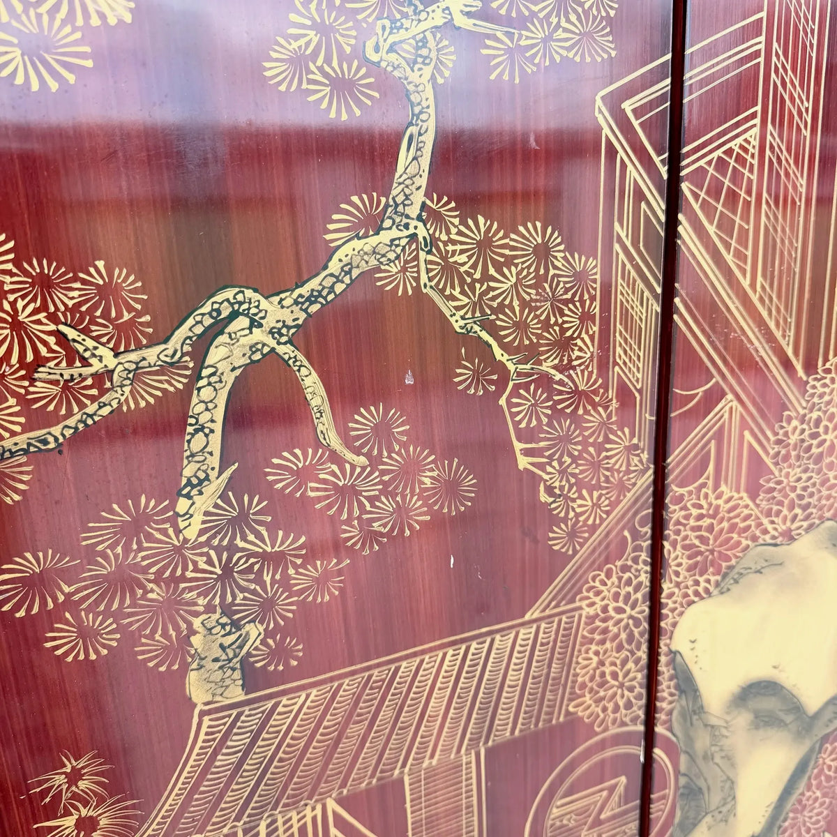 Chinese Six-Panel Red and Gold Lacquered Folding Screen Room Divider Dolphin & Flamingo