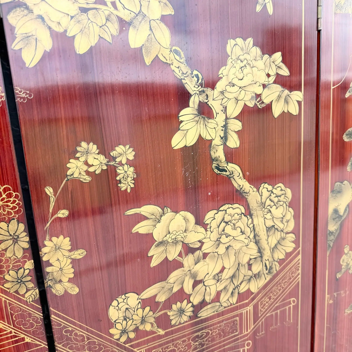 Chinese Six-Panel Red and Gold Lacquered Folding Screen Room Divider Dolphin & Flamingo