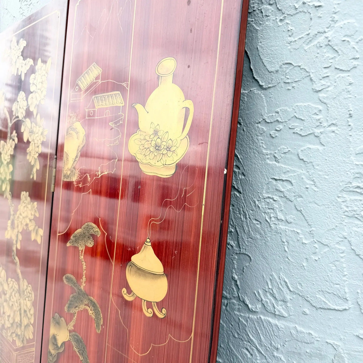 Chinese Six-Panel Red and Gold Lacquered Folding Screen Room Divider Dolphin & Flamingo