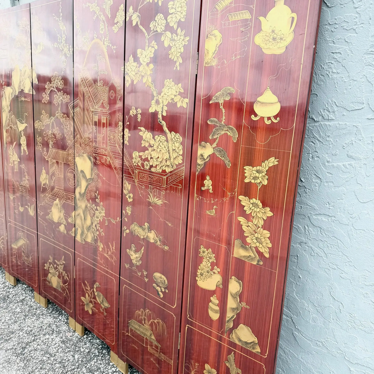 Chinese Six-Panel Red and Gold Lacquered Folding Screen Room Divider Dolphin & Flamingo