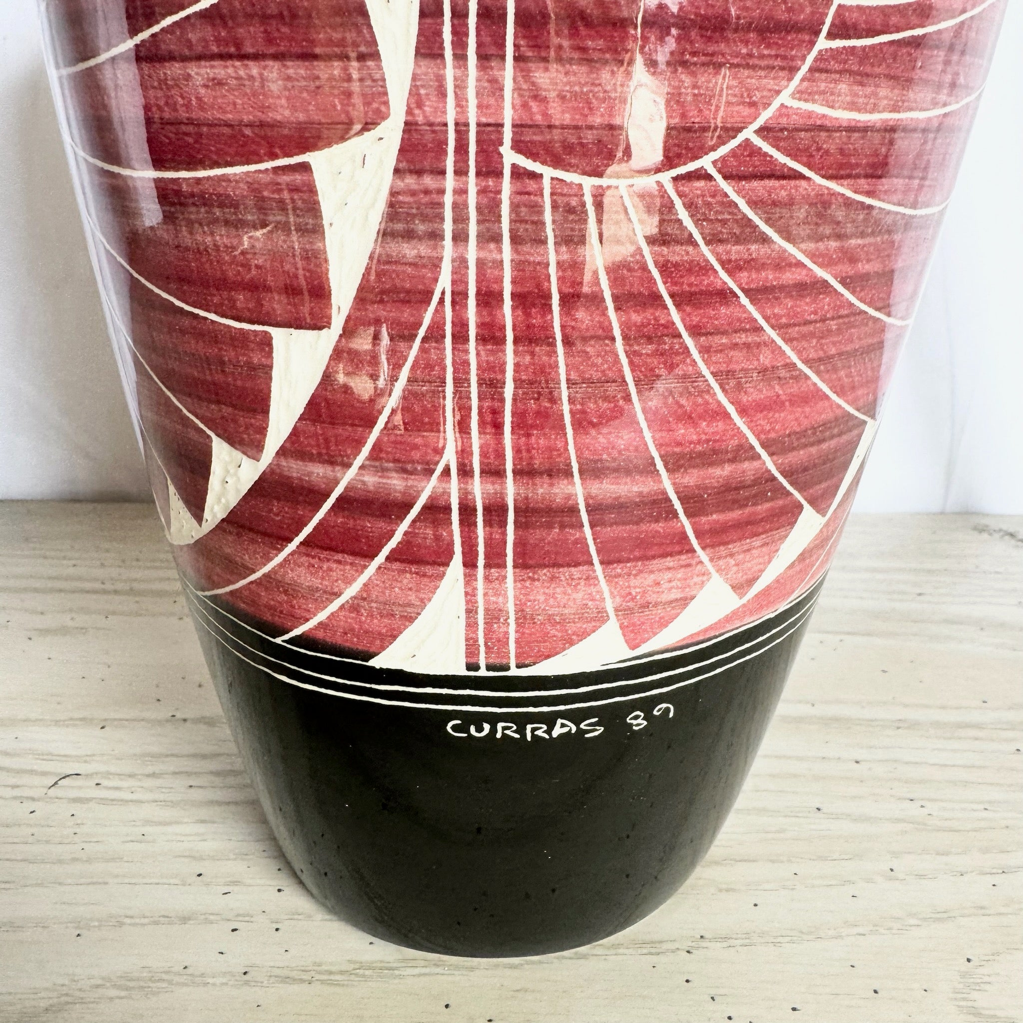 1989 Black and White and Red Sgraffito Pottery Vase by the Curras Brothers