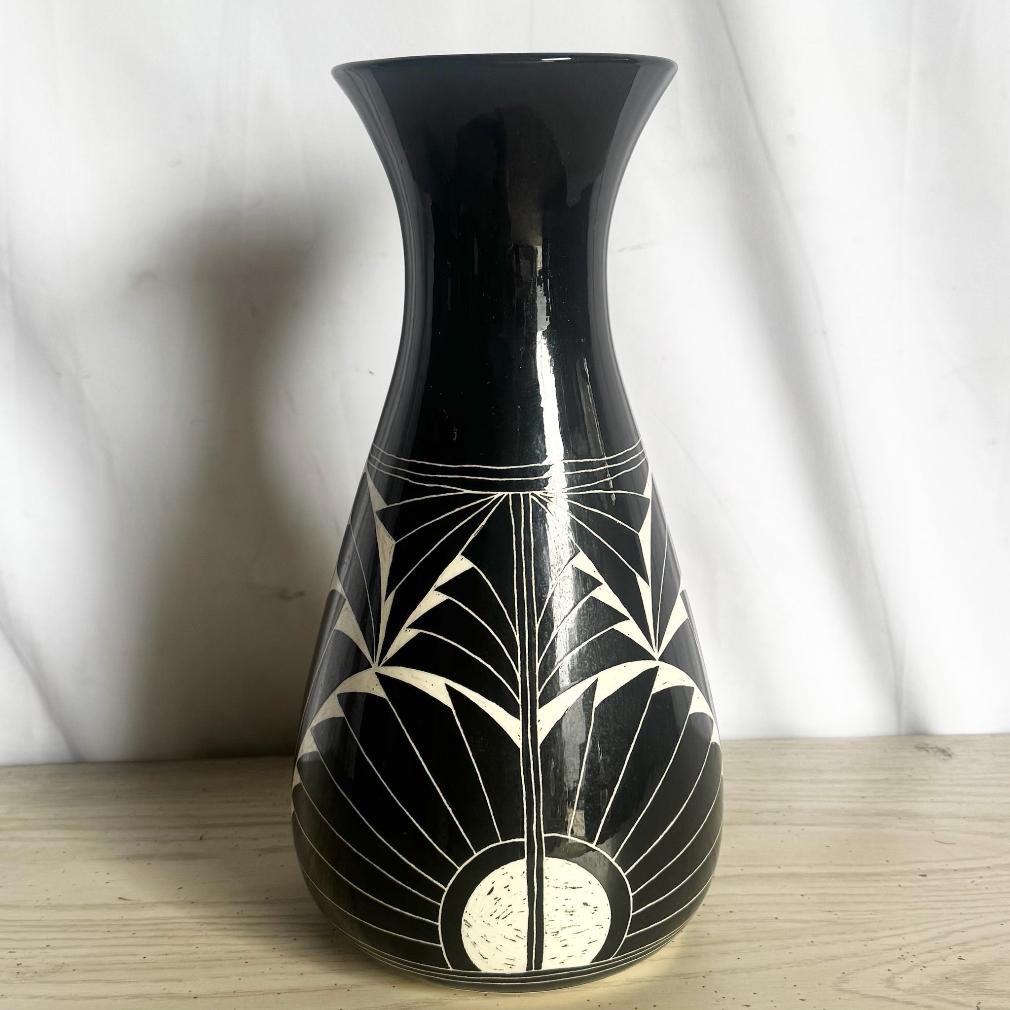Vintage 1989 Black & White Sgraffito Pottery Vase by the Curras Brothers