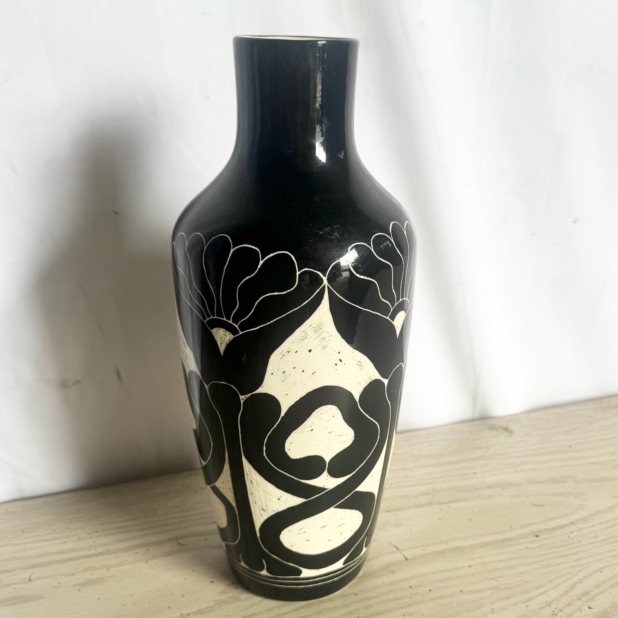 Vintage 1989 Black & White Sgraffito Pottery Vase by the Curras Brothers