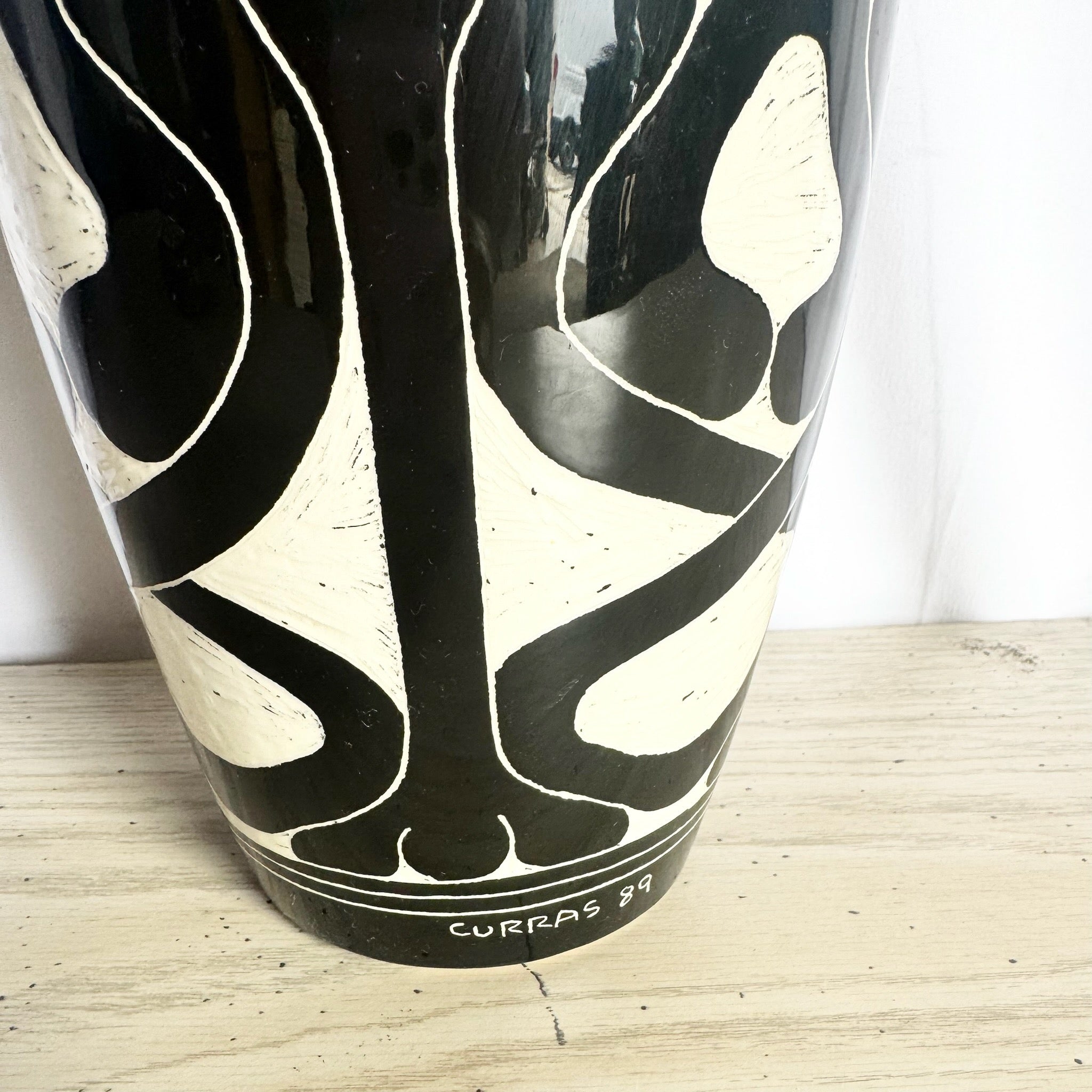 Vintage 1989 Black & White Sgraffito Pottery Vase by the Curras Brothers