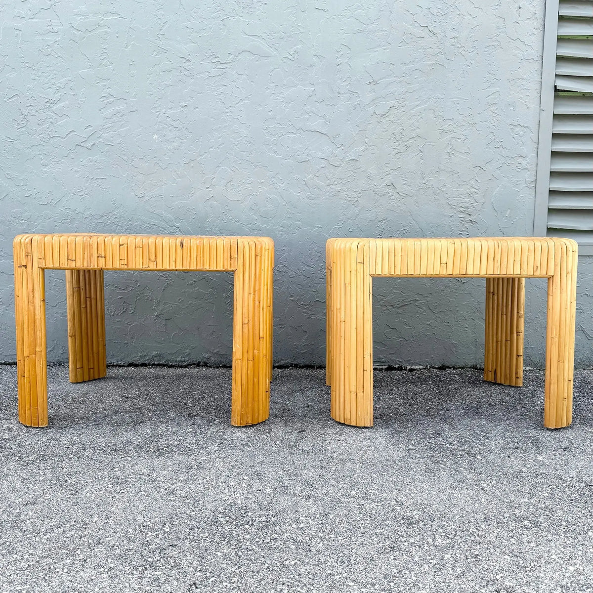 Boho Chic Split Bamboo Waterfall Side Tables - A Pair Dolphin & Flamingo