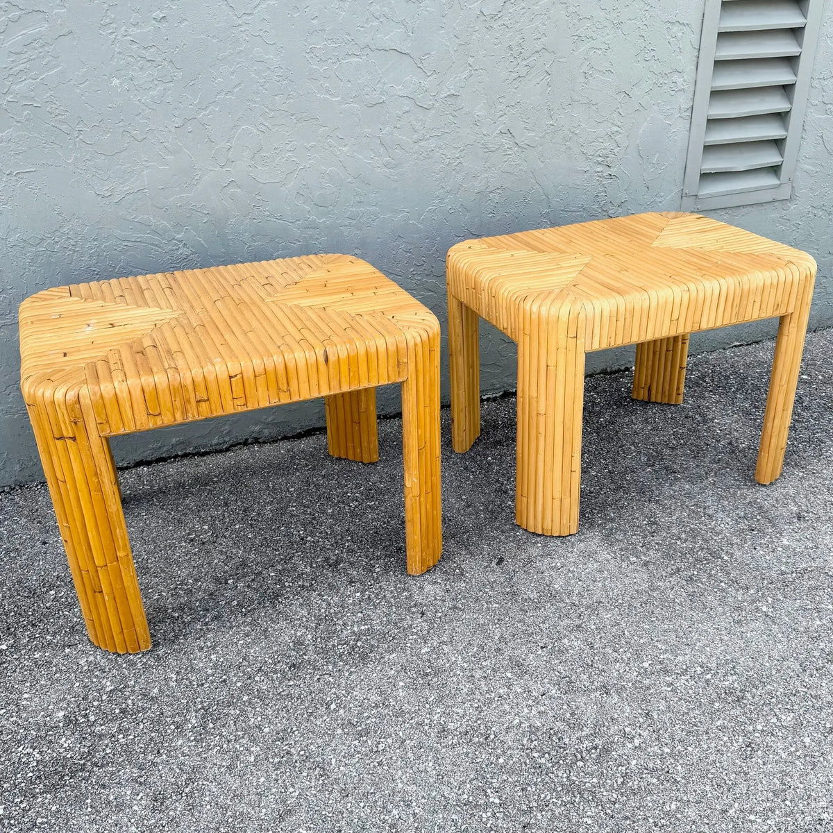 Boho Chic Split Bamboo Waterfall Side Tables - A Pair Dolphin & Flamingo