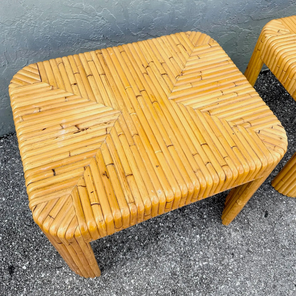 Boho Chic Split Bamboo Waterfall Side Tables - A Pair Dolphin & Flamingo