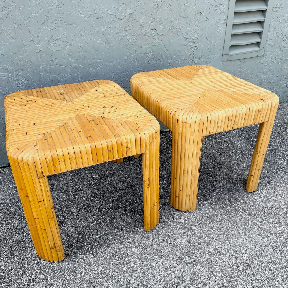 Boho Chic Split Bamboo Waterfall Side Tables - A Pair Dolphin & Flamingo