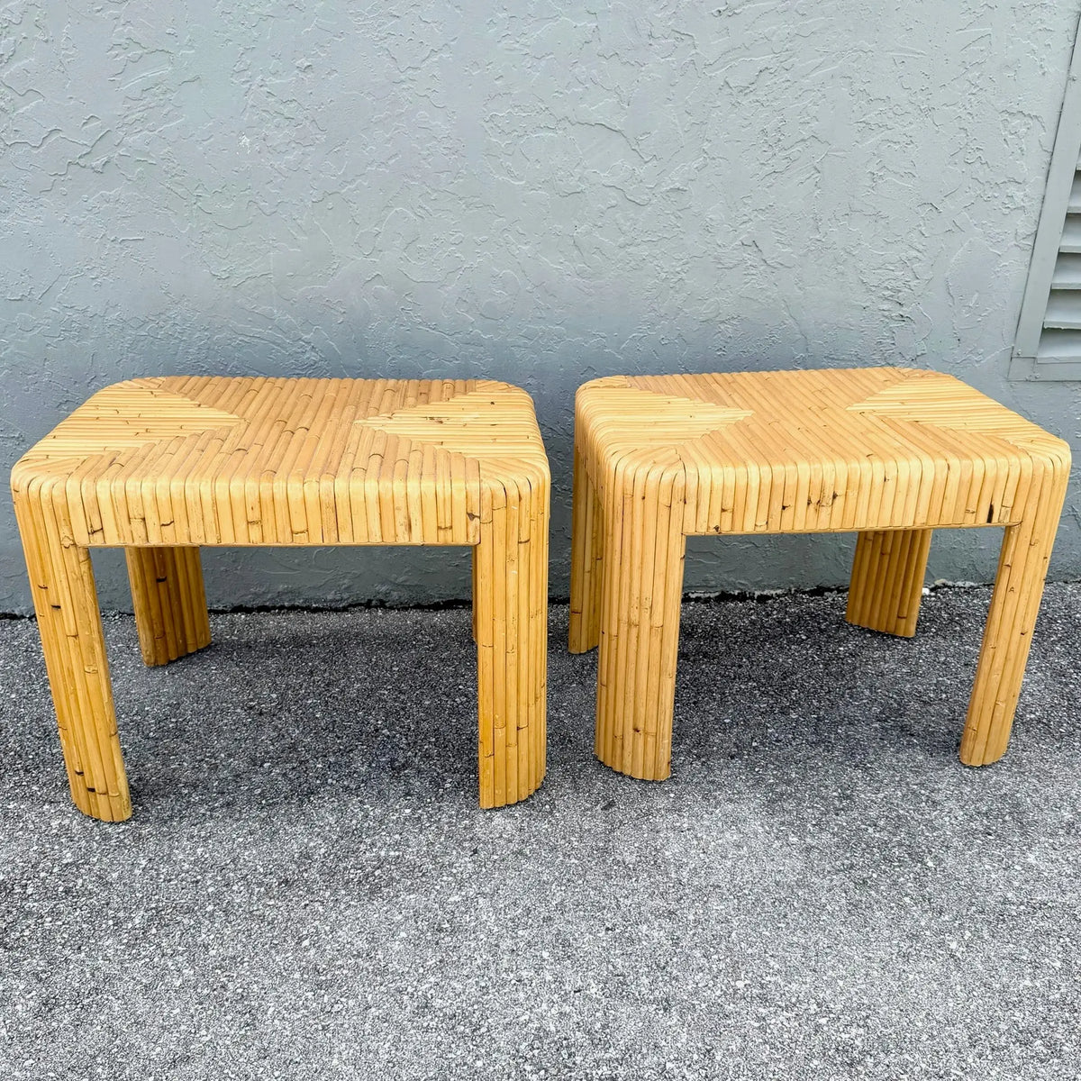 Boho Chic Split Bamboo Waterfall Side Tables - A Pair Dolphin & Flamingo