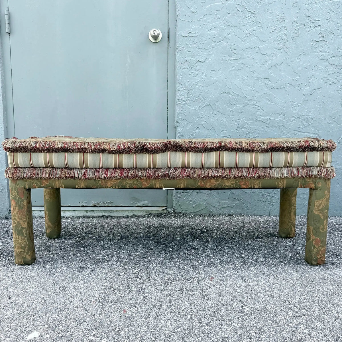 Vintage Hollywood Regency Tufted Parsons Bench Dolphin & Flamingo