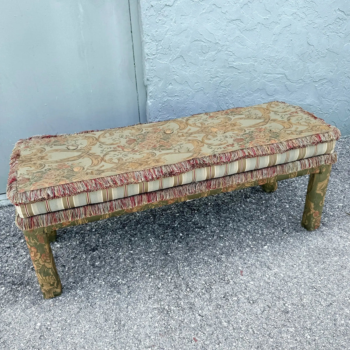Vintage Hollywood Regency Tufted Parsons Bench Dolphin & Flamingo