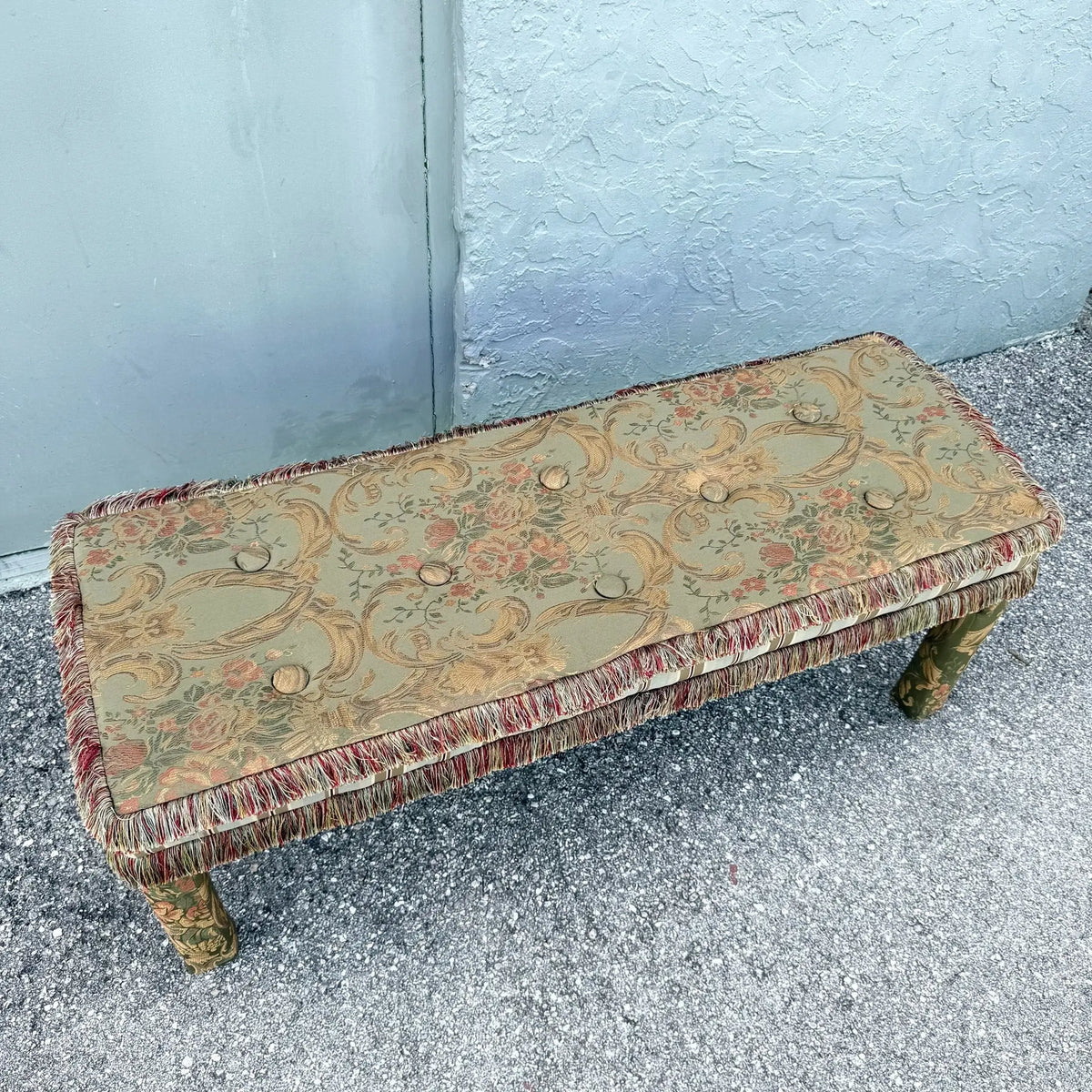 Vintage Hollywood Regency Tufted Parsons Bench Dolphin & Flamingo