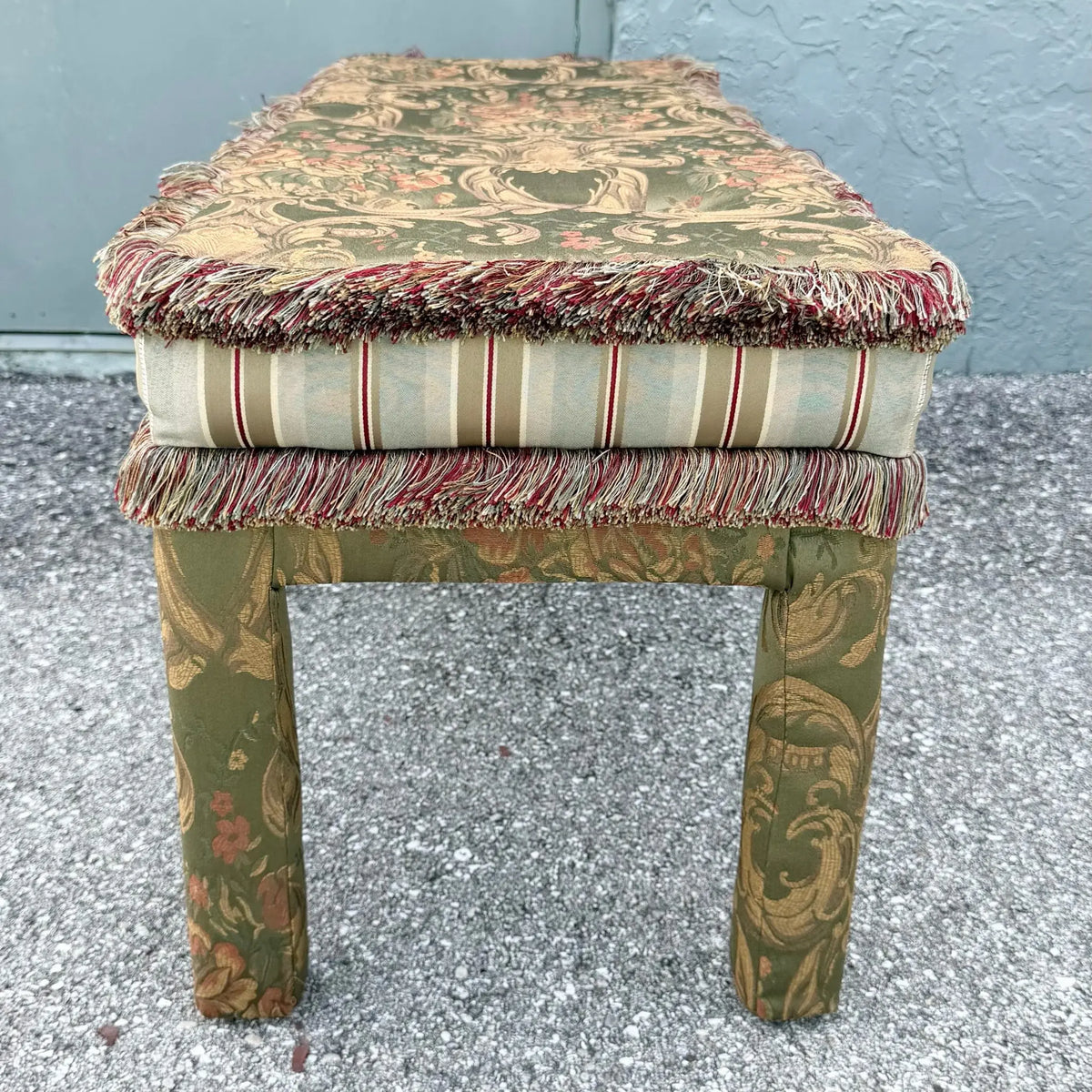 Vintage Hollywood Regency Tufted Parsons Bench Dolphin & Flamingo