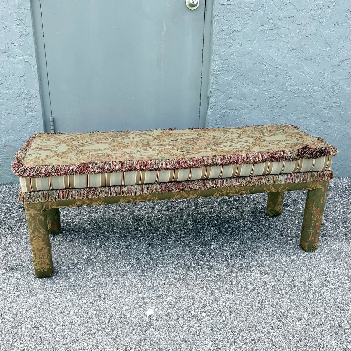Vintage Hollywood Regency Tufted Parsons Bench Dolphin & Flamingo