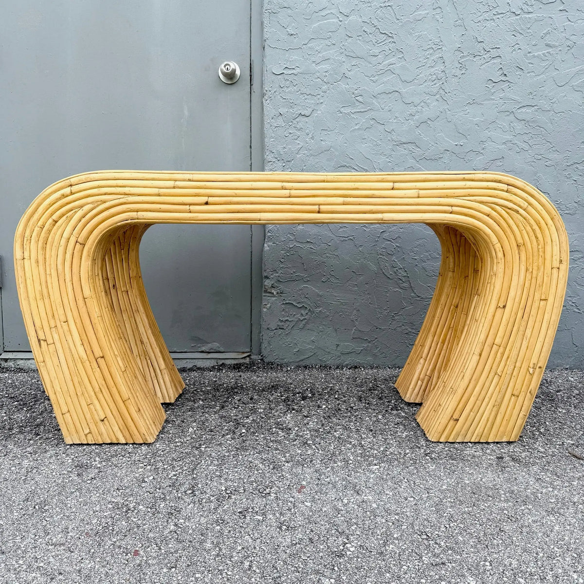 Boho Chic Split Bamboo Waterfall Console Table With Smoked Glass Dolphin & Flamingo