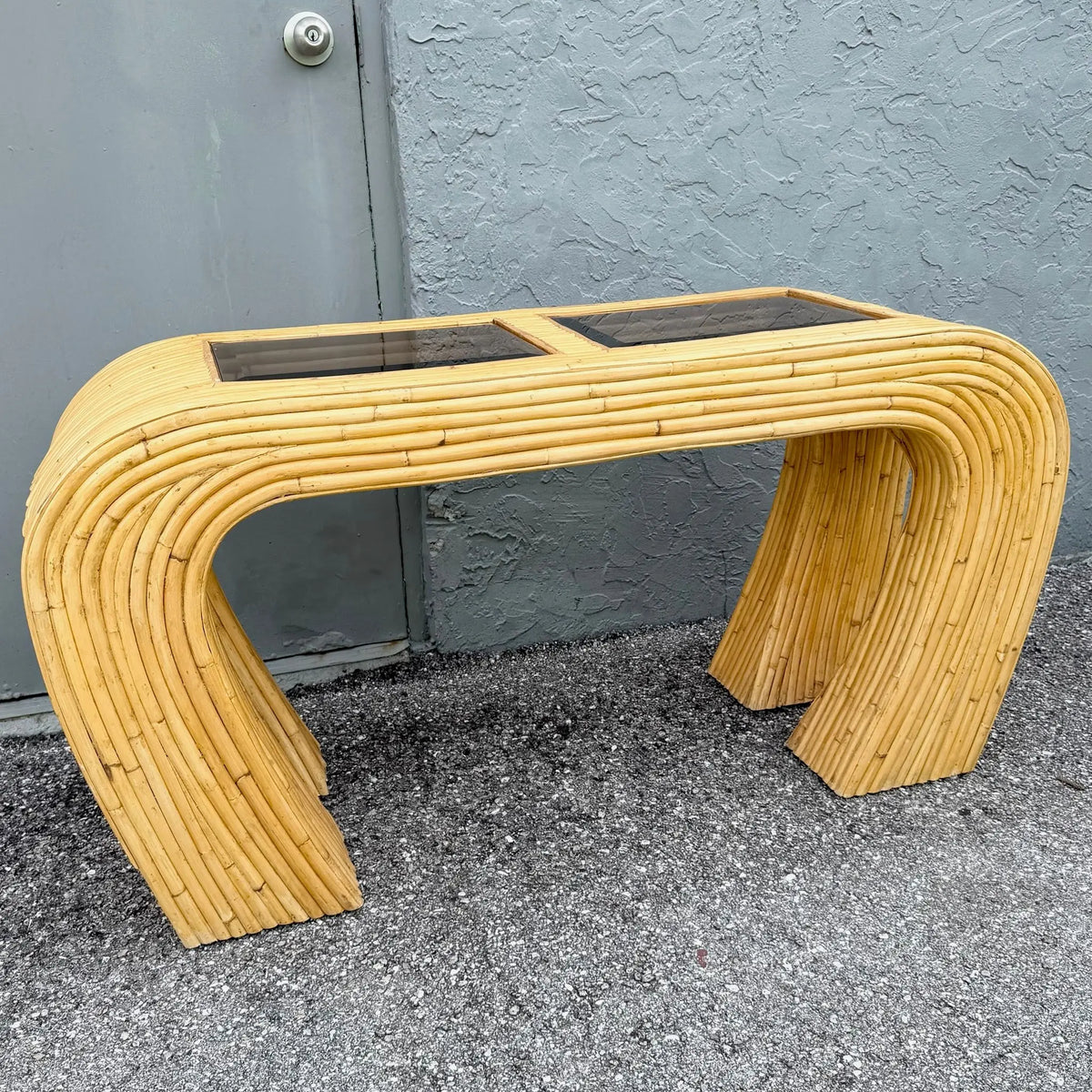 Boho Chic Split Bamboo Waterfall Console Table With Smoked Glass Dolphin & Flamingo