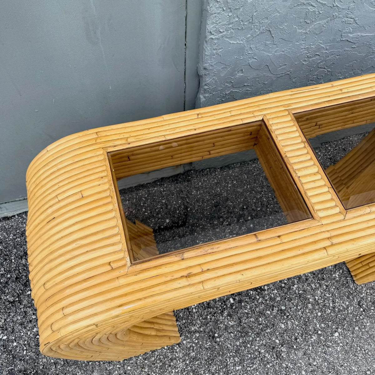 Boho Chic Split Bamboo Waterfall Console Table With Smoked Glass Dolphin & Flamingo