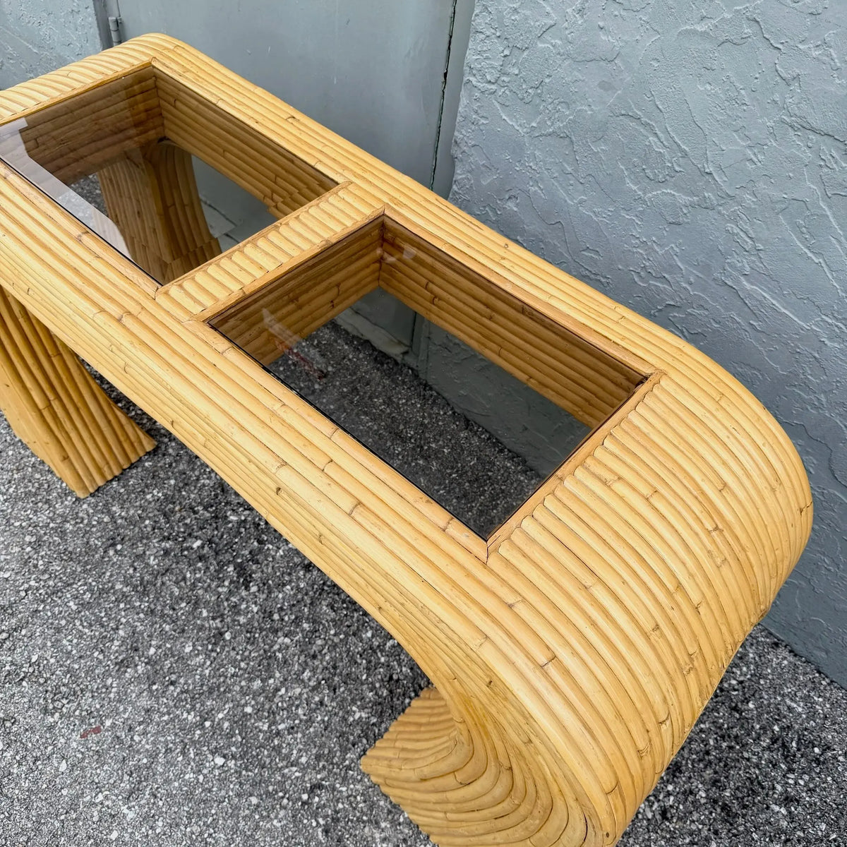 Boho Chic Split Bamboo Waterfall Console Table With Smoked Glass Dolphin & Flamingo