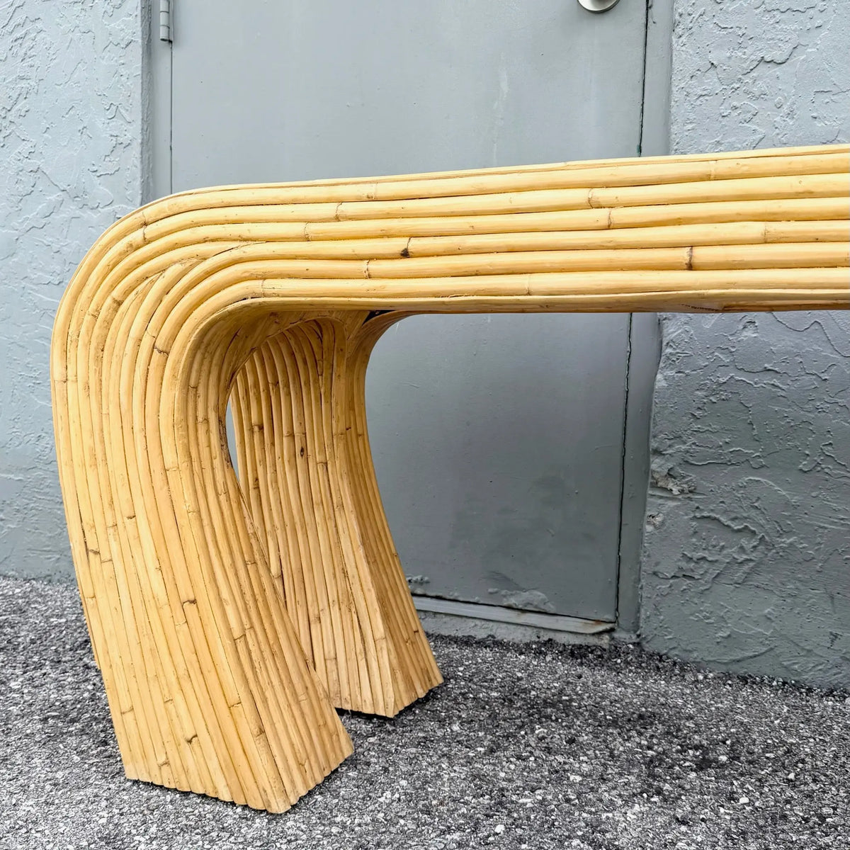 Boho Chic Split Bamboo Waterfall Console Table With Smoked Glass Dolphin & Flamingo