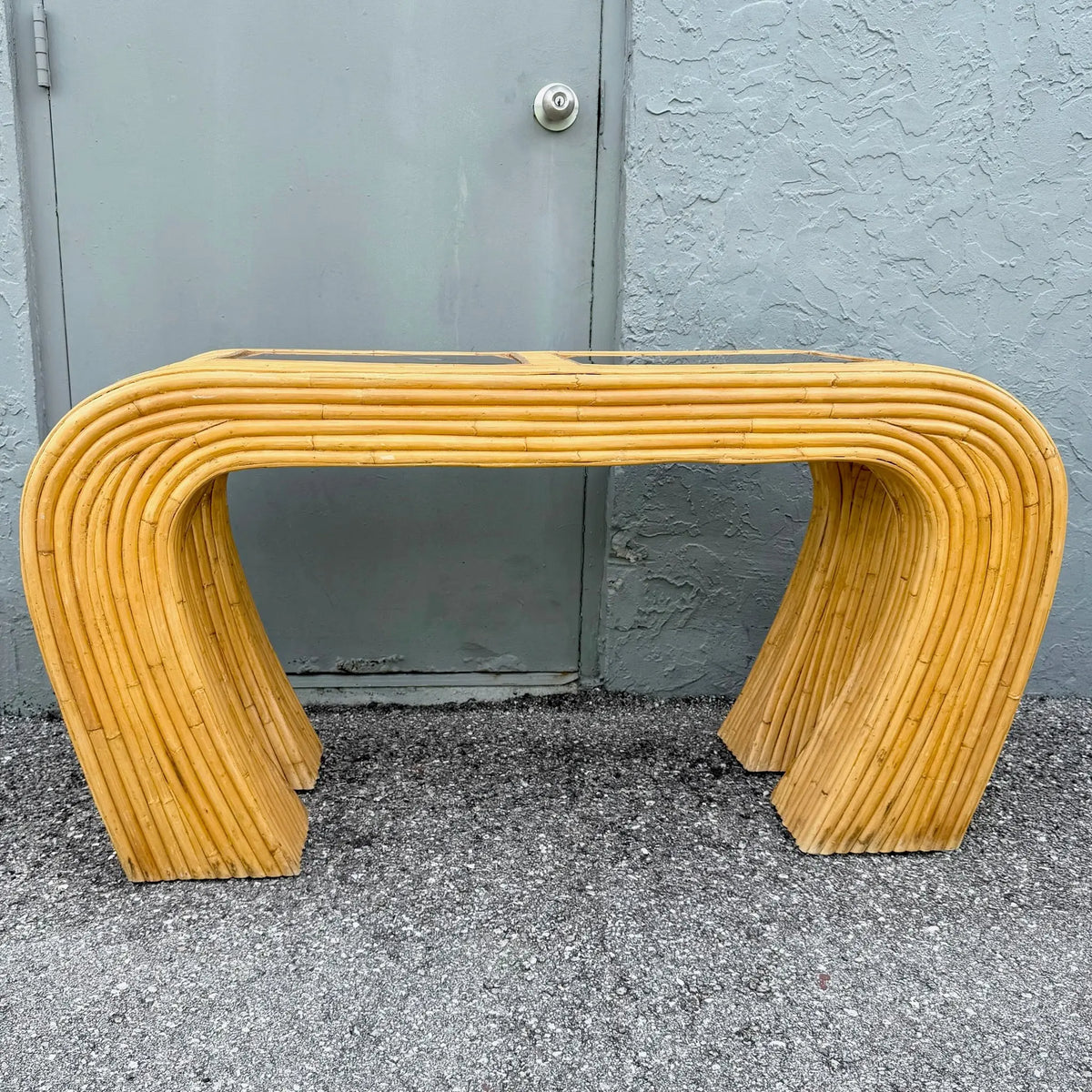 Boho Chic Split Bamboo Waterfall Console Table With Smoked Glass Dolphin & Flamingo