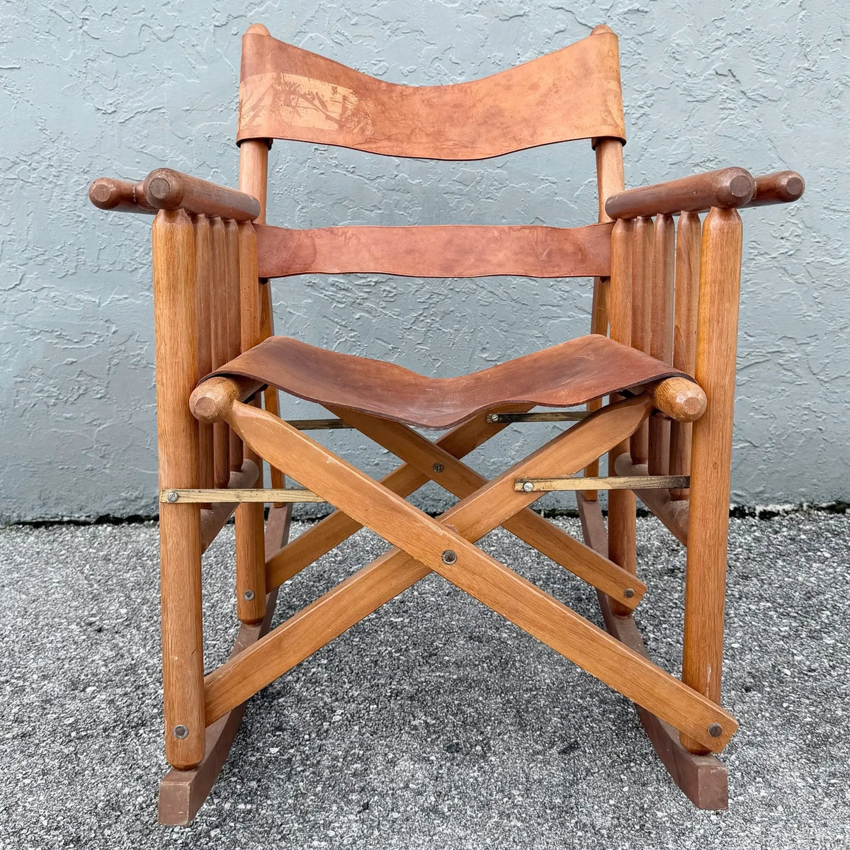 Vintage Costa Rican Wood and Leather Folding Rocking Chair Dolphin & Flamingo