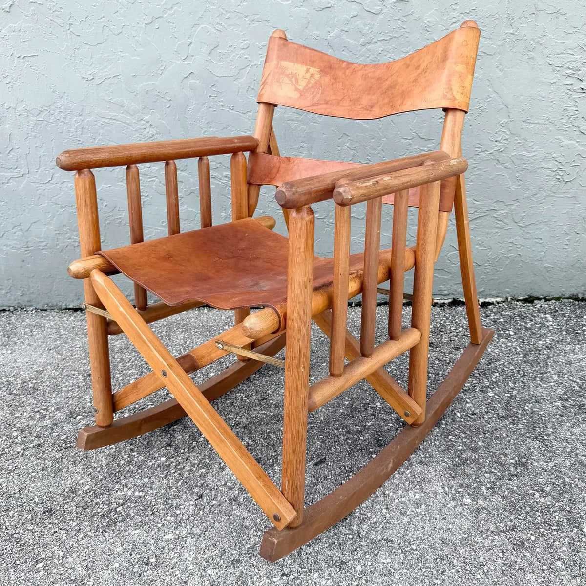 Vintage Costa Rican Wood and Leather Folding Rocking Chair Dolphin & Flamingo