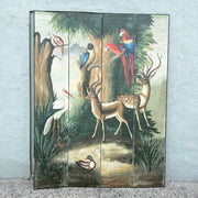 Vintage Hand Painted Paper on Wood Room Divider Screen With Animals Scene Dolphin & Flamingo
