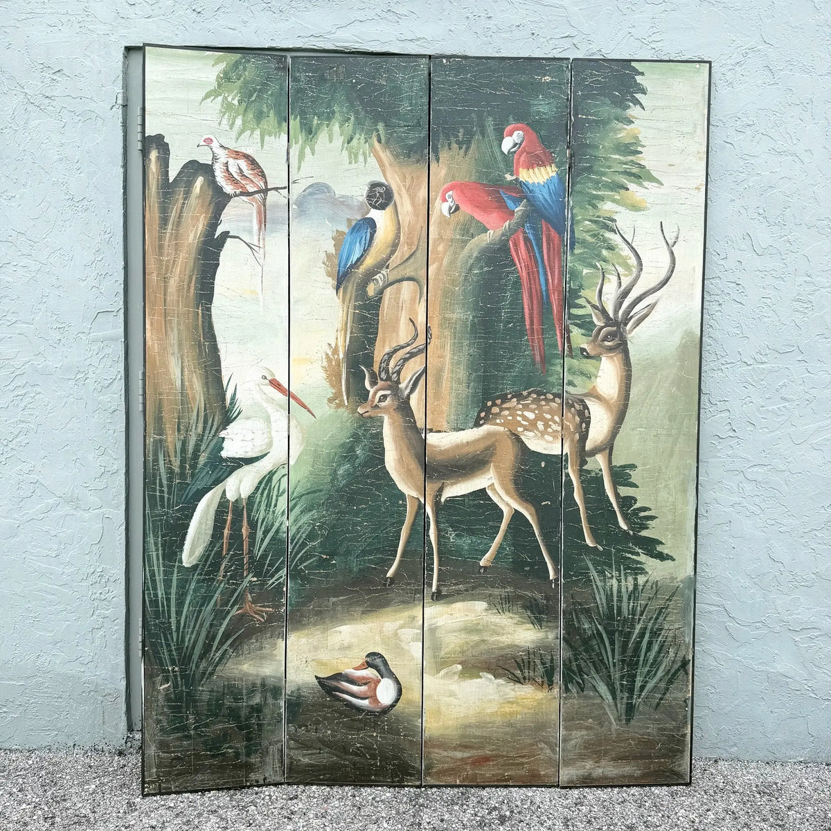 Vintage Hand Painted Paper on Wood Room Divider Screen With Animals Scene Dolphin & Flamingo