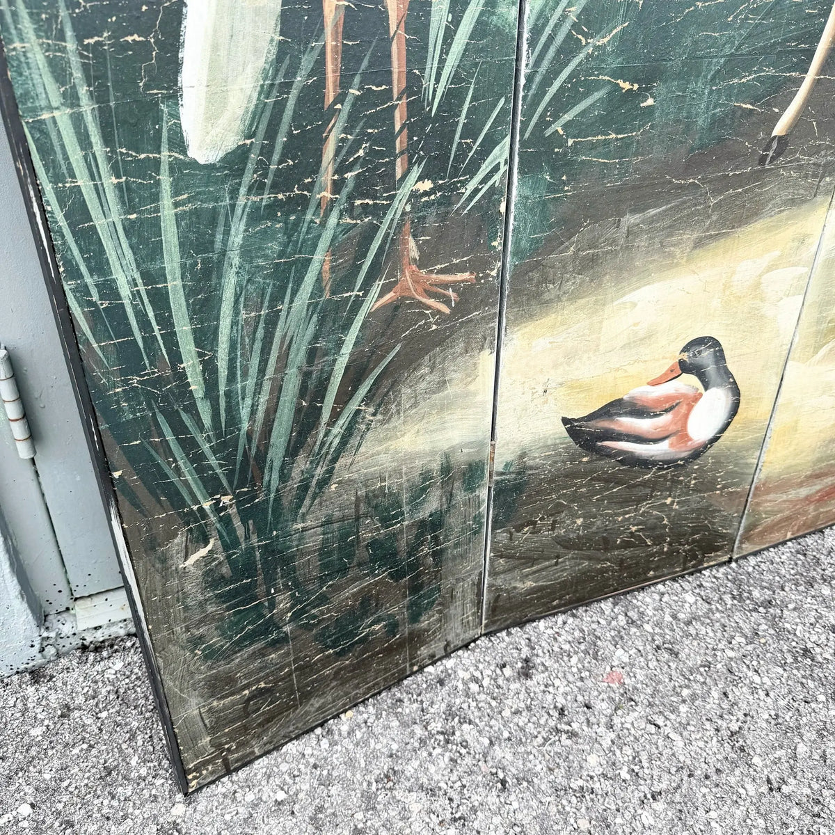 Vintage Hand Painted Paper on Wood Room Divider Screen With Animals Scene Dolphin & Flamingo