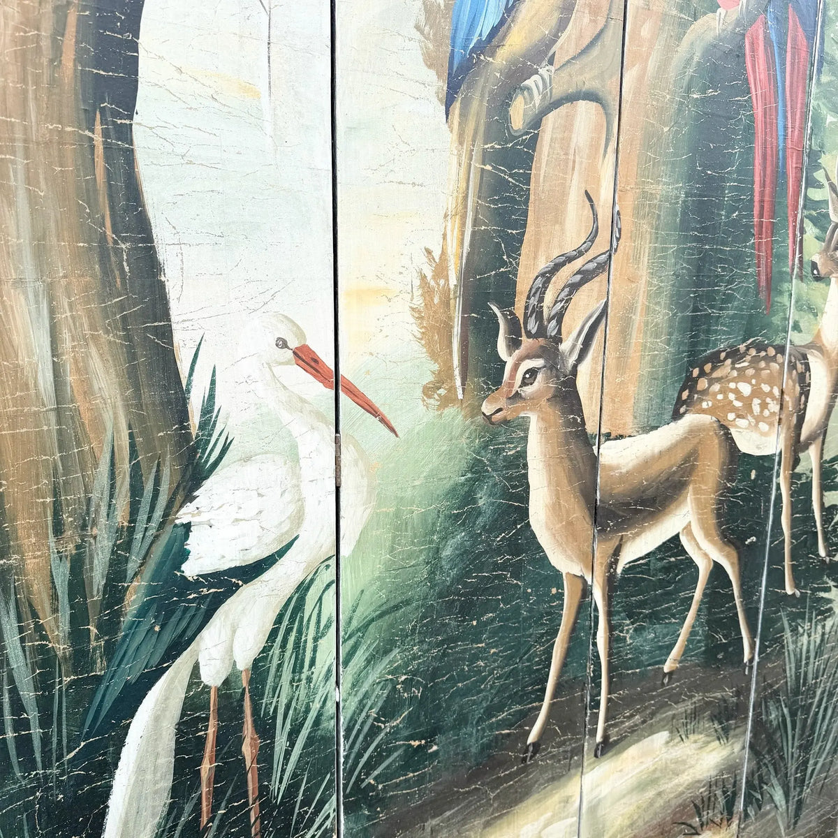 Vintage Hand Painted Paper on Wood Room Divider Screen With Animals Scene Dolphin & Flamingo
