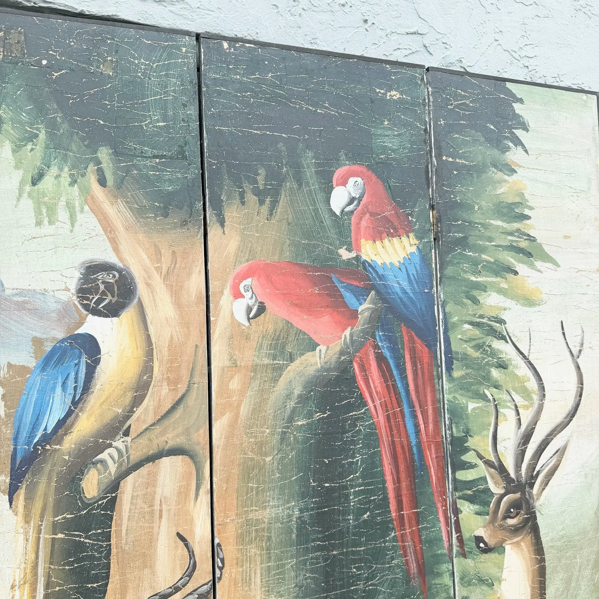 Vintage Hand Painted Paper on Wood Room Divider Screen With Animals Scene Dolphin & Flamingo