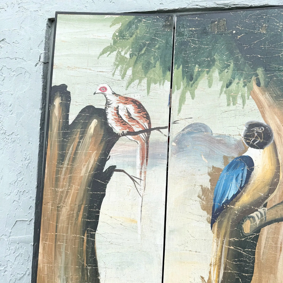 Vintage Hand Painted Paper on Wood Room Divider Screen With Animals Scene Dolphin & Flamingo
