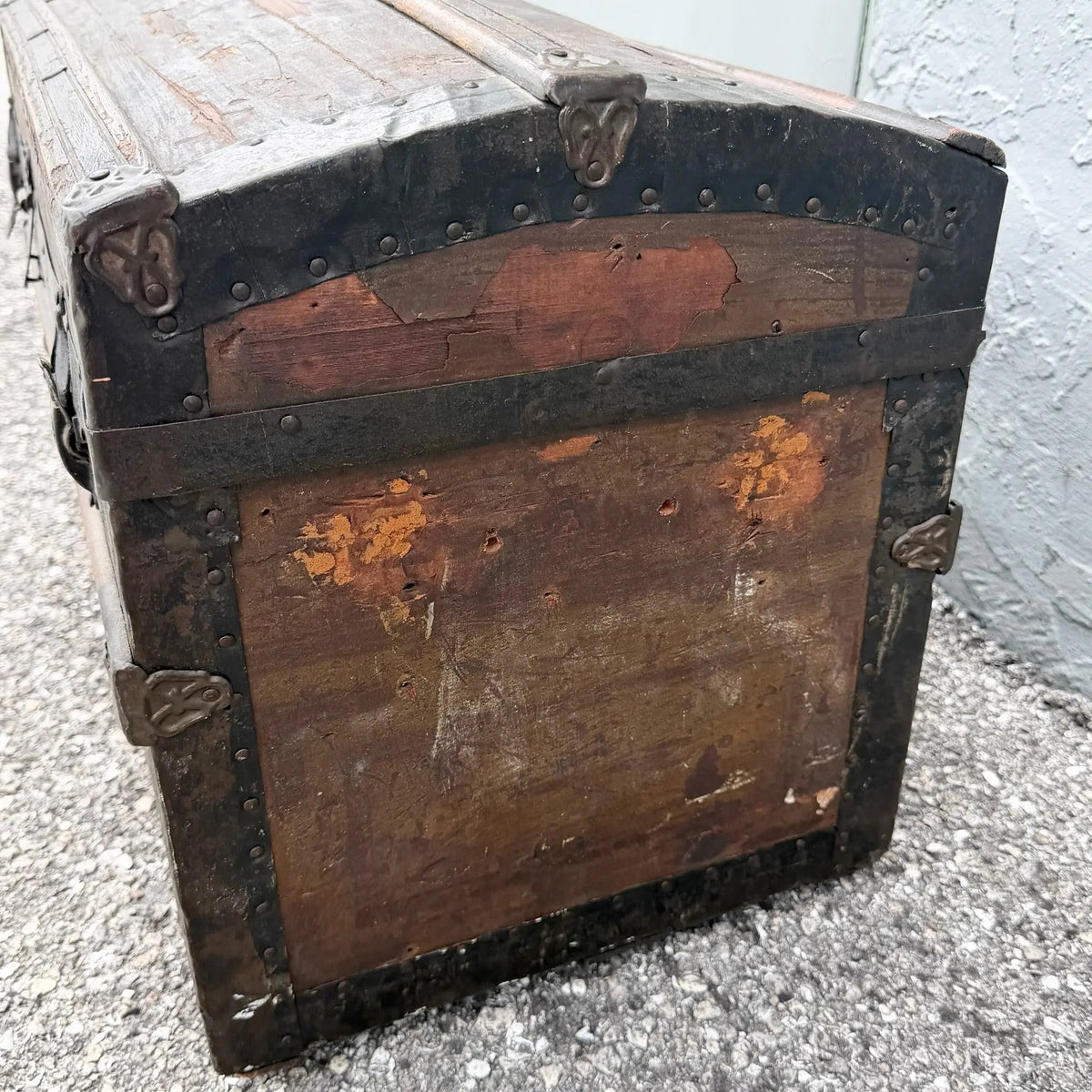 Antique S.H.R. & Co. Wooden Barrel-Top Steamer Trunk Dolphin & Flamingo