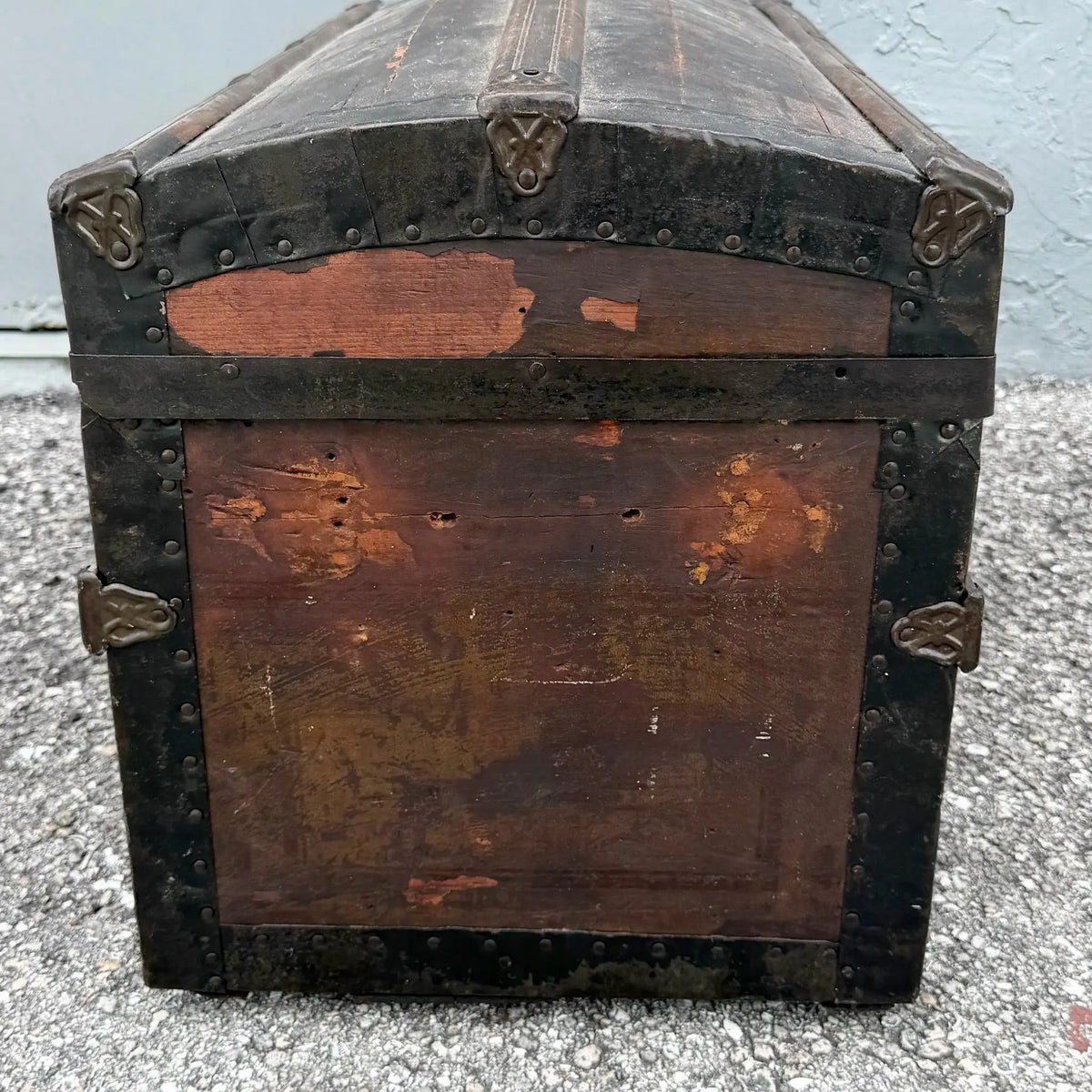 Antique S.H.R. & Co. Wooden Barrel-Top Steamer Trunk Dolphin & Flamingo