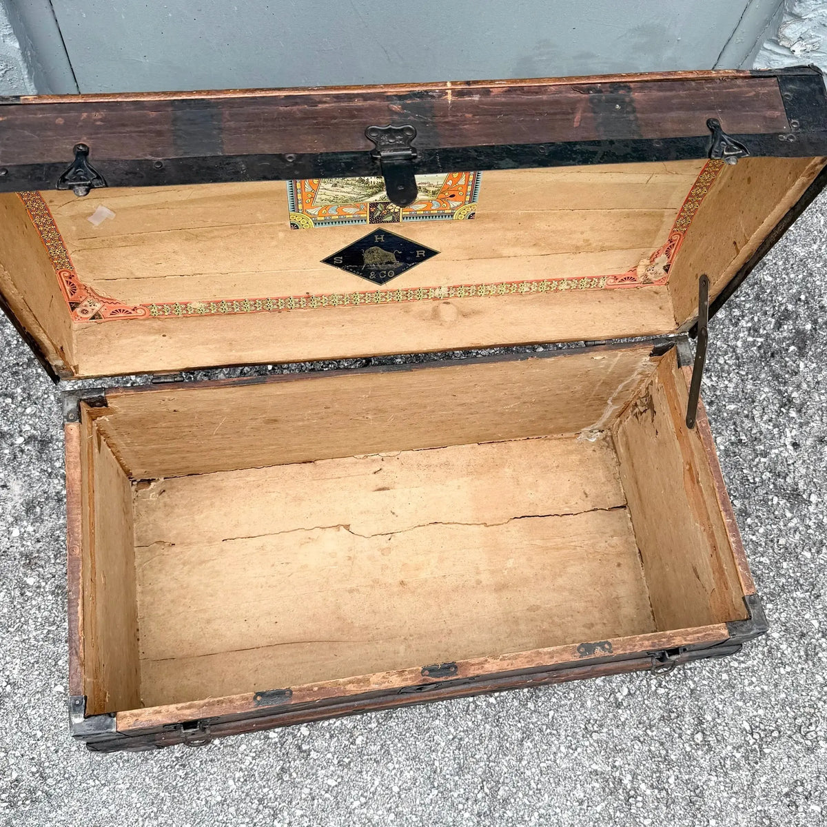 Antique S.H.R. & Co. Wooden Barrel-Top Steamer Trunk Dolphin & Flamingo