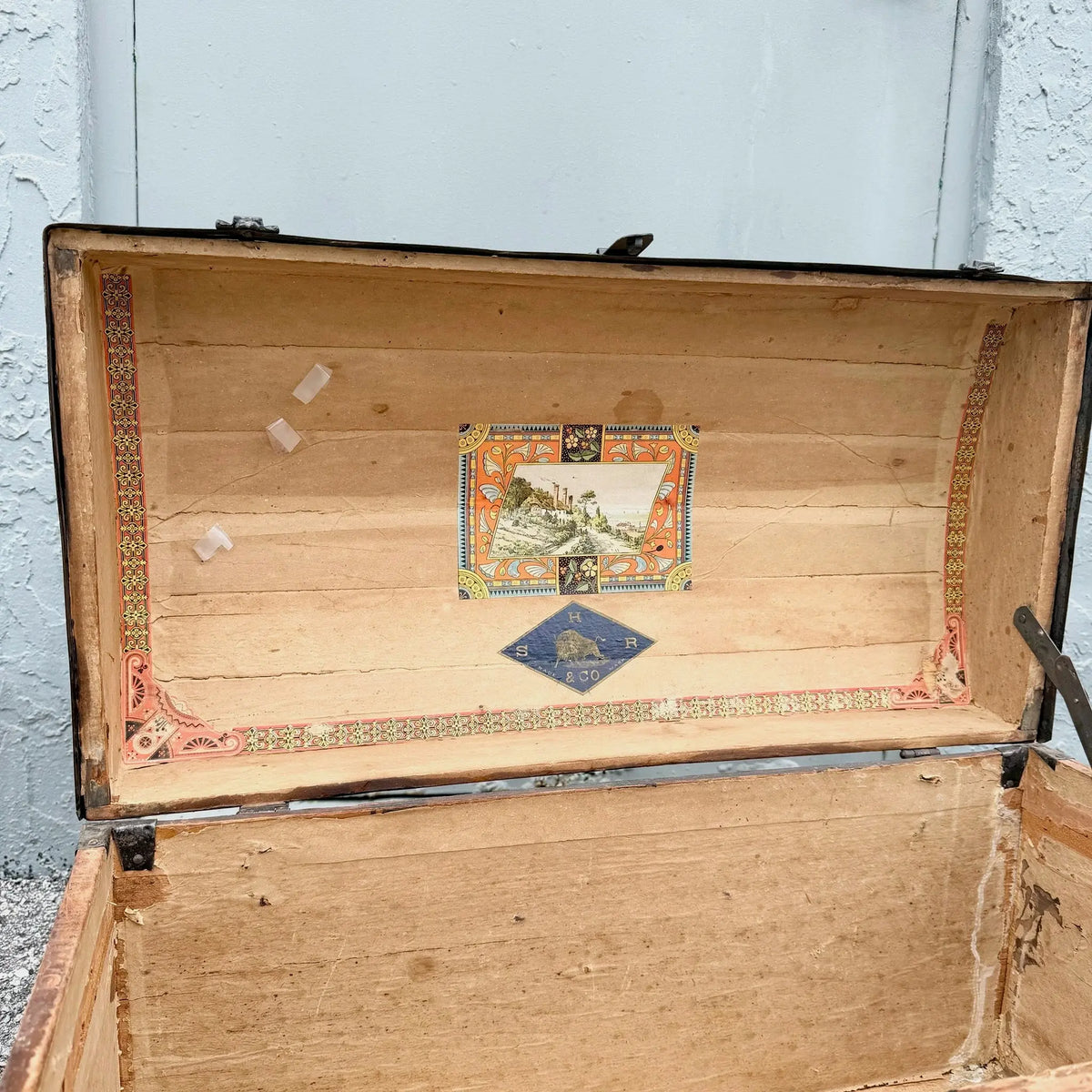 Antique S.H.R. & Co. Wooden Barrel-Top Steamer Trunk Dolphin & Flamingo