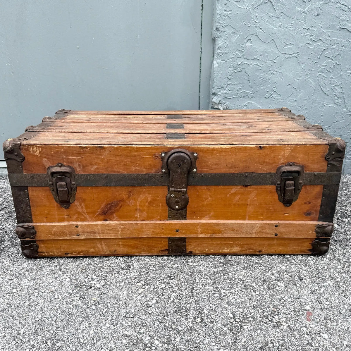 Antique Flat Top Wooden Trunk Dolphin & Flamingo