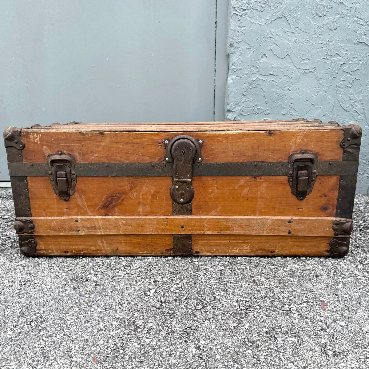 Antique Flat Top Wooden Trunk Dolphin & Flamingo