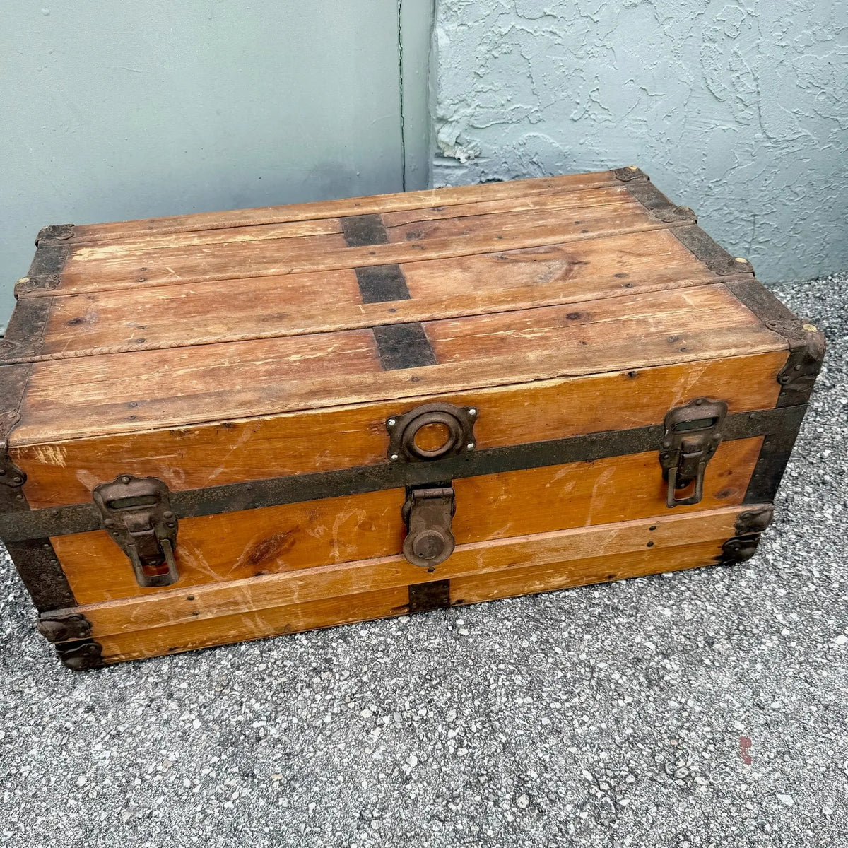 Antique Flat Top Wooden Trunk Dolphin & Flamingo